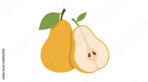 Pear Fruit Vector | Whole Yellow Pear with Leaf and Sliced Half Showing Seeds | Healthy Food Illustration for Cooking, Nutrition, Education, Art, and Creative Design