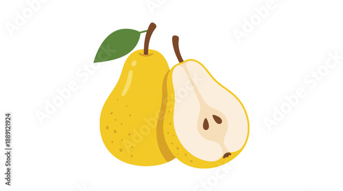 Pear Fruit Vector | Whole Yellow Pear with Leaf and Sliced Half Showing Seeds | Healthy Food Illustration for Cooking, Nutrition, Education, Art, and Creative Design