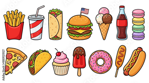 Cute Fast Food and Dessert Vector | Cartoon French Fries, Burger, Pizza, Donut, Ice Cream, Cupcake, Taco, Hot Dog, and More for Fun Kids Illustration