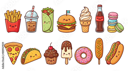 Cute Fast Food and Dessert Vector | Cartoon French Fries, Burger, Pizza, Donut, Ice Cream, Cupcake, Taco, Hot Dog, and More for Fun Kids Illustration