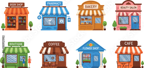 Set of cute small shop storefront buildings vector illustration, colorful city retail stores collection for urban design