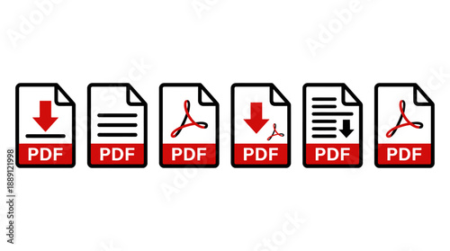 PDF File Icons Vector | Download, Text, Acrobat Logo, and Document Variations | Black and White Line Art Symbols for Digital Design, Software, and Applications