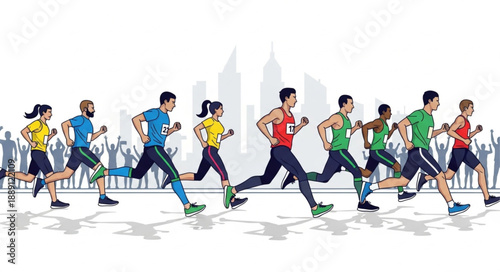 Diverse group of athletes running a marathon race in a city.