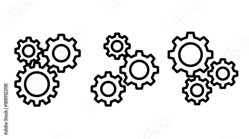 Vector Gear System Icons – 3 Unique Mechanical Silhouettes Featuring Rotating Gears, Engineering Concepts, Automation Graphics, and Industrial Design Elements for Technical Illustration Templates