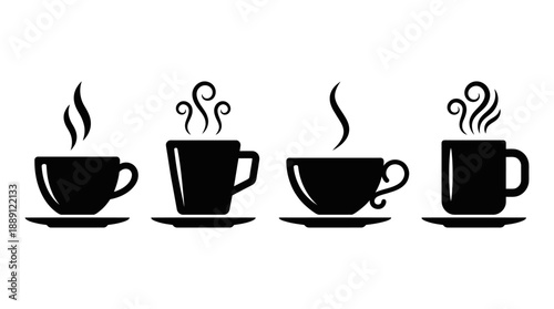 Vector Coffee and Tea Cup Silhouettes – 4 Unique Mug Designs with Steam Patterns for Café Branding, Beverage Icons, Minimalist Decor, and Graphic Illustration