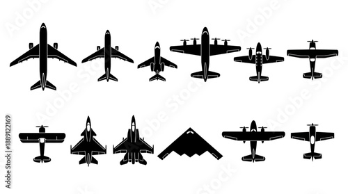 Vector Aircraft Silhouette Collection – 12 Unique Top-View Plane Designs Featuring Jets, Airliners, Propeller Aircraft for Aviation Graphics, Flight Icons, and Aerospace Illustrations