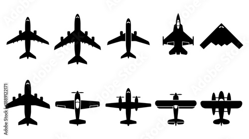 Vector Aircraft Silhouette Collection – 12 Unique Top-View Plane Designs Featuring Jets, Airliners, Propeller Aircraft for Aviation Graphics, Flight Icons, and Aerospace Illustrations