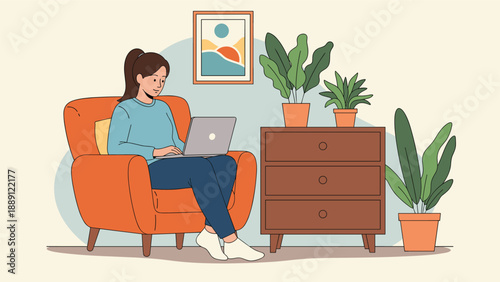 Young woman works comfortably on her laptop while sitting in a large orange armchair surrounded by lush green houseplants.
