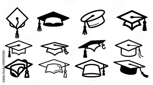 Vector Graduation Cap Icon Set – 12 Unique Mortarboard Silhouettes for Academic Design, Education Graphics, Ceremony Decor, School Branding, and Celebratory Illustration Templates