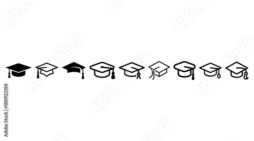 Vector Graduation Cap Icon Set – 12 Unique Mortarboard Silhouettes for Academic Design, Education Graphics, Ceremony Decor, School Branding, and Celebratory Illustration Templates