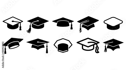 Vector Graduation Cap Icon Set – 12 Unique Mortarboard Silhouettes for Academic Design, Education Graphics, Ceremony Decor, School Branding, and Celebratory Illustration Templates