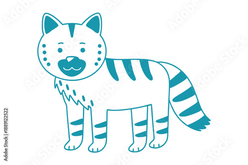 Striped aqua cartoon tiger stands on white background with dots on face