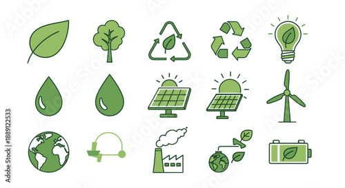 Collection of green icons representing eco-friendly concepts and renewable energy sources.