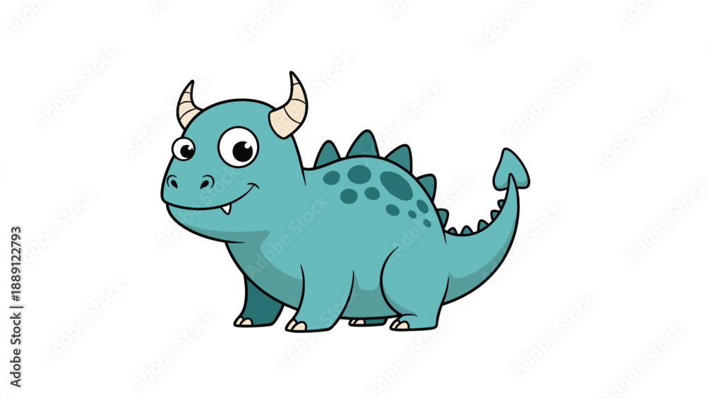 Naklejka premium Cute little blue dinosaur character with small horns, spikes on its back, and a friendly expression walking on a plain white background.