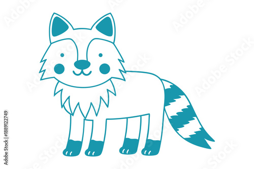 Cartoon outlined turquoise raccoon stands playfully with stripes on its fluffy tail nicely
