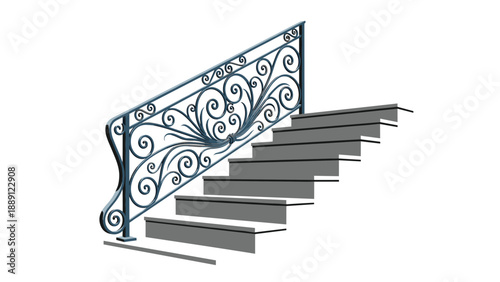 Set of grey concrete stairs with an elegant and intricate black metal railing featuring a decorative scroll pattern on a plain white background.