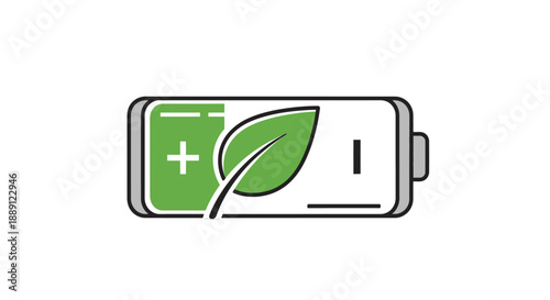 Eco-friendly battery icon with green leaf symbolizing sustainability and renewable energy.