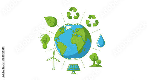 Eco-friendly symbols surrounding the Earth representing sustainability and green energy.