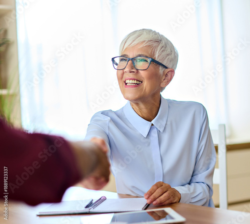 portrait of  a  beautiful senior businesswoman and businessman shaking hands introducing each other in the office
