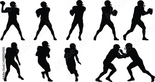 American football player silhouettes showing quarterback throws, running, passing, and tackling actions isolated on white background vector illustration