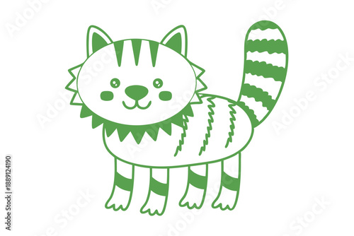 Cute green stylized cartoon cat looks directly ahead on a plain white background