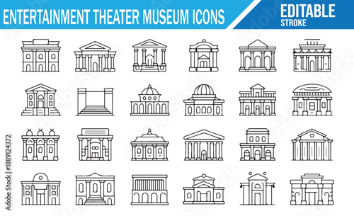 Theater, museum, and library outline icons.