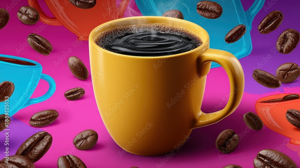 custom made wallpaper toronto digitalVibrant Yellow Coffee Mug with Floating Roasted Beans