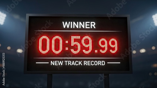 Digital scoreboard displays WINNER with time 00:59:99 and NEW TRACK RECORD text in stadium lights