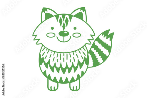 Adorable green cartoon raccoon poses cheerfully with its striped tail and cute details