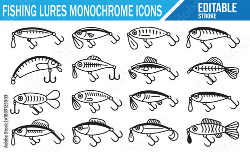 Fishing lures monochrome icons vector set.
