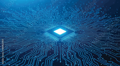 Vector illustration of glowing microchip at center of digital circuit board with radiating blue pathways and complex network connections, symbolizing computing power, data processing, electronics, and