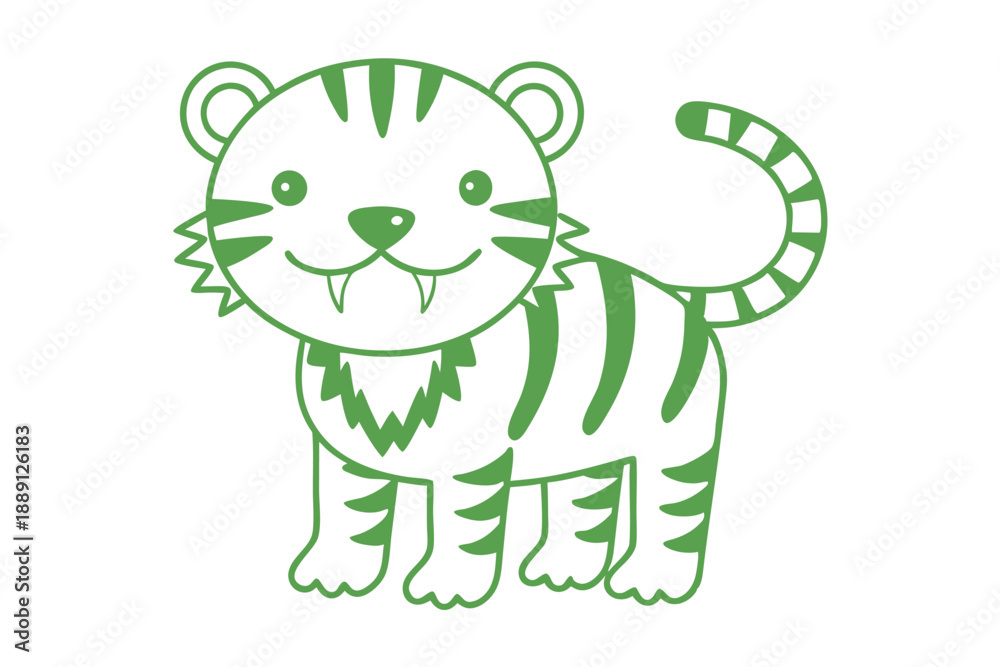 Obraz premium Adorable tiger cub stands with a toothy grin in vibrant green outline against white