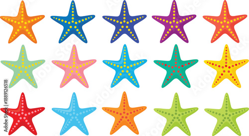 Set of colorful cartoon starfish in various bright colors and dotted patterns isolated on white background, marine life vector illustration