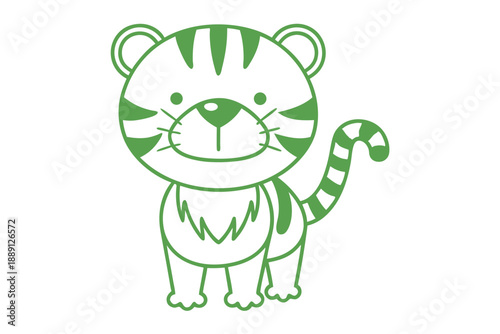 Single green line depicts a smiling tiger standing happily with its tail curved up