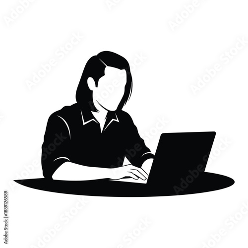 Vector illustration of person with long hair working on laptop, black and white silhouette, isolated on white