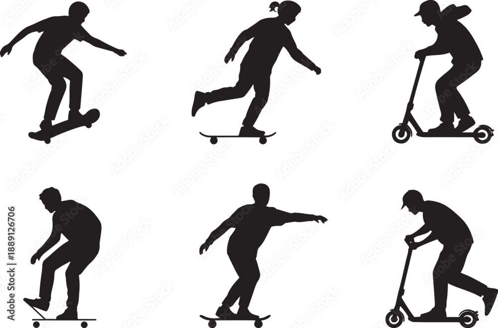 Obraz premium People riding scooters and skateboards silhouettes shilehute vector for urban mobility and modern lifestyle marketing commercial projects