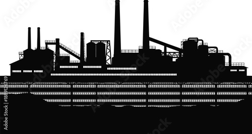 Industrial factory skyline silhouette with chimneys, pipelines, and heavy manufacturing structures representing urban industry and production power