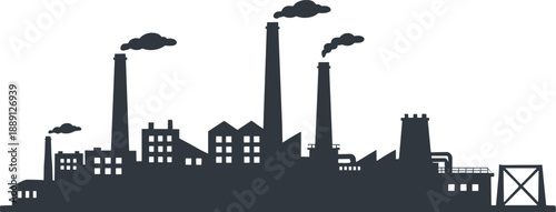 Industrial factory skyline silhouette with smoking chimneys representing urban manufacturing, pollution, energy production, and industrial development concept