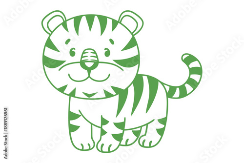 Cartoon tiger cub standing calmly with a gentle smile and curved striped tail