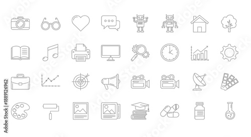 a collection of minimalist line icons depicting various technology media and office related concepts