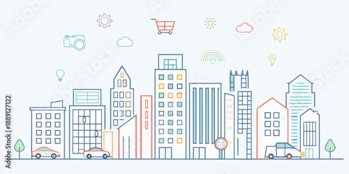 Line art illustration of a modern cityscape with technology icons