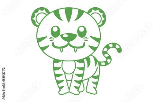 Isolated green outline of adorable cartoon tiger cub is standing cheerfully on white