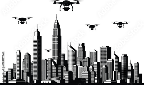 Futuristic city skyline silhouette with autonomous delivery drones flying above modern metropolitan buildings