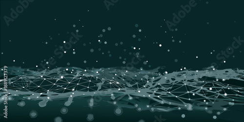 Abstract network landscape with glowing nodes and connected lines on dark background