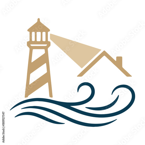 Shoreline Realty logo featuring a minimalist tan lighthouse and house icon with navy blue ocean waves, professional coastal real estate agency branding for property sales and beach housing