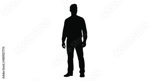 A solitary man standing in a dark full body profile presenting a striking silhouette