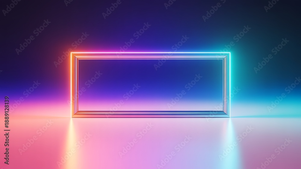 Fototapeta premium Empty rectangular neon frame glowing with vibrant pink, orange, and blue light