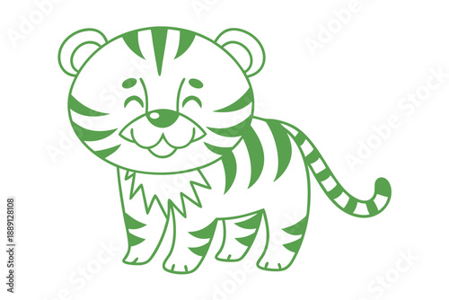 Green outlined cartoon tiger cub stands smiling softly with its eyes closed in happiness