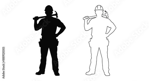 Construction workers with tools displayed in contrasting styles a striking silhouette