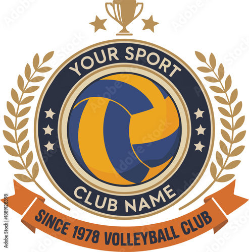 Blue and gold volleyball club emblem with trophy and laurel wreath